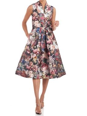 NWT KAY UNGER New York SARABETH MIDI DRESS In Desert Rose Multi W/ Pockets